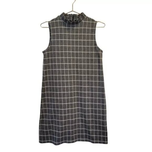 Paraphrase | Mock Turtleneck Windowpane Checkered Sleeveless Dress Gray White - Picture 1 of 7